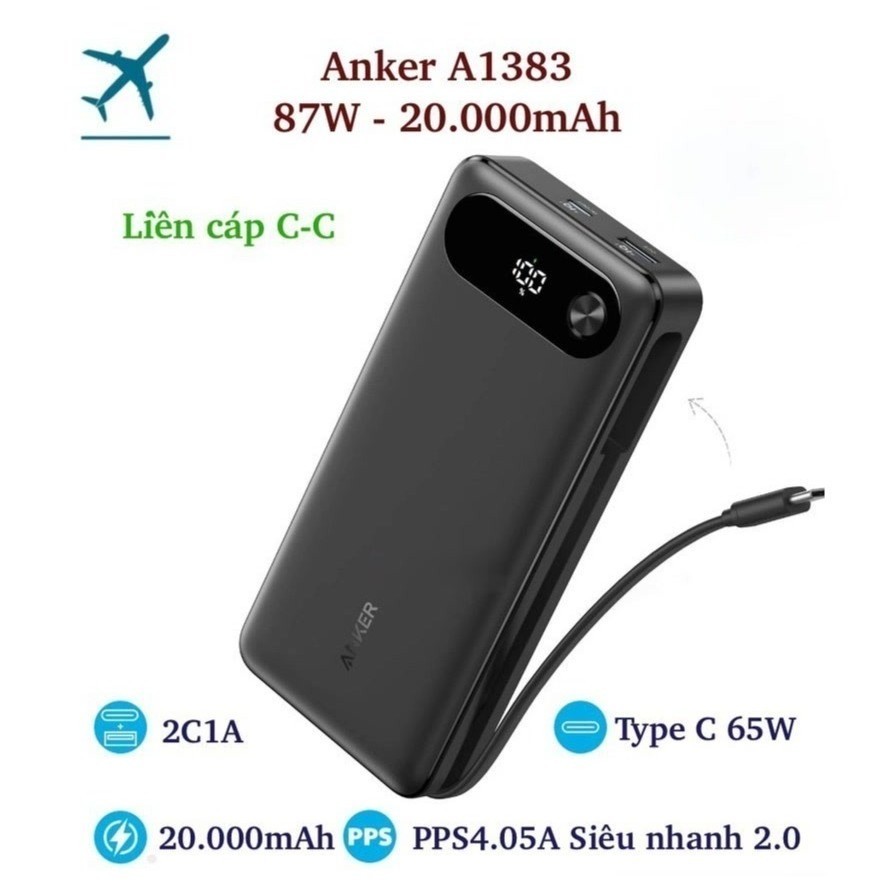 Pin sạc dự phòng Anker A1383 87W 20000mAh 2 cổng 2C1A cáp Type C 65W PD PPS QC
