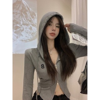  Áo khoác dáng ngắn liền mũ Jiashucheng Áo cardigan dài tay tôn dáng gầy bó sát khí chất thắt eo có khóa kéo cổ chữ V cho nữ 