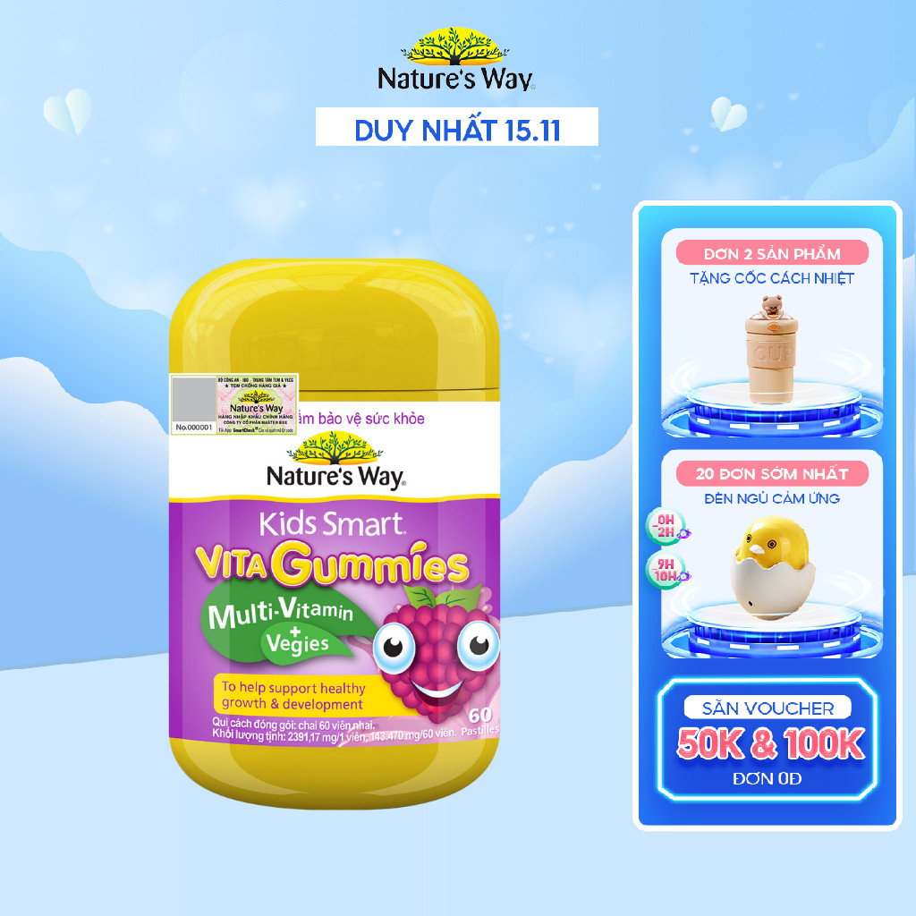 Kẹo Dẻo Vi Chất Vitamin Cho Bé Nature's Way Vita Gummies MultiVitamin+Vegies Bổ Sung Vitamin Và Chất Xơ Cho Bé Hộp 60v