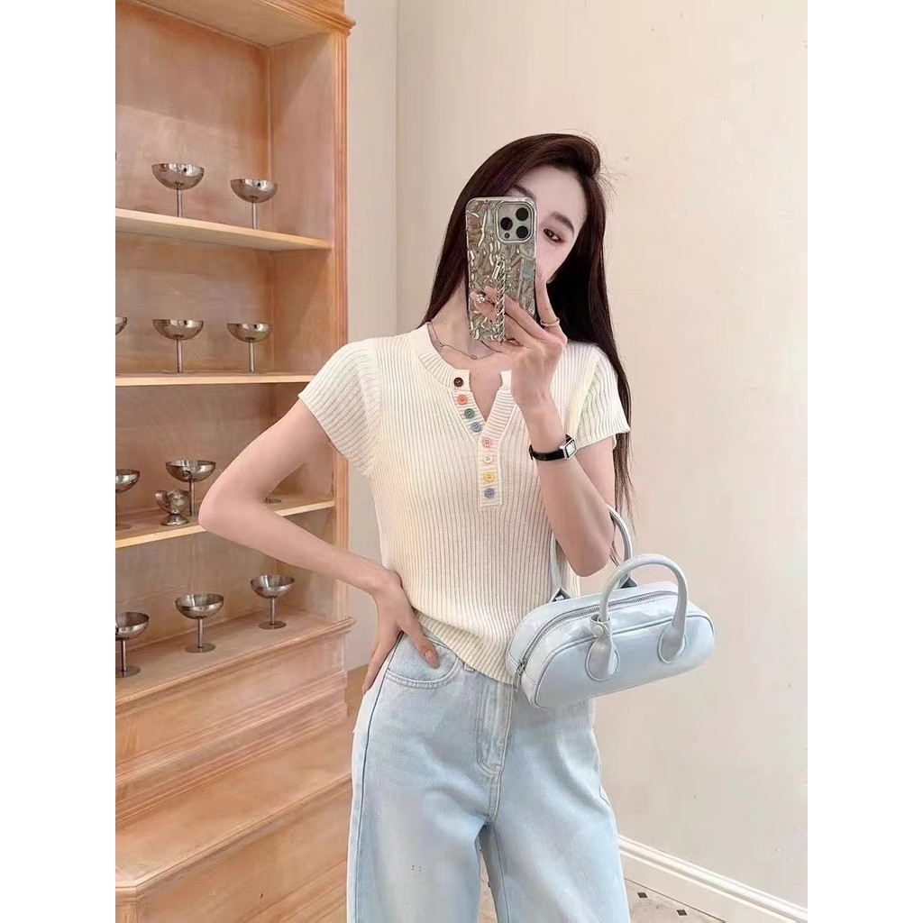 YAYUAN Áo Len Cổ Chữ V Nút Nhiều Màu Sắc Nữ Mùa Hè Giảm Tuổi Thời Trang Sang Trọng Ôm Hơn Nhìn Ngắn- | BigBuy360 - bigbuy360.vn