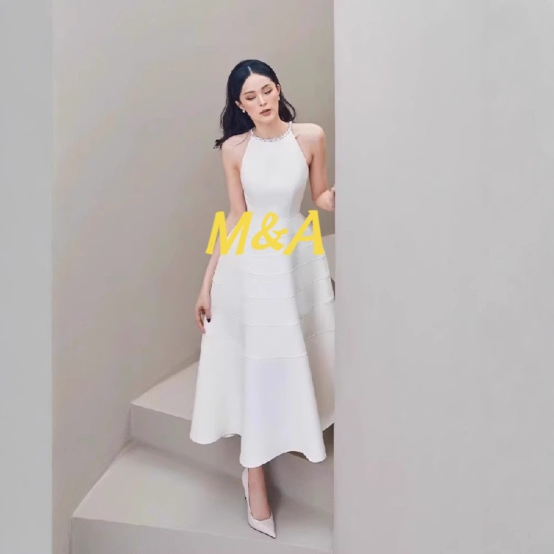 [M & A] Real Shot Vietnam Niche Design 2026 Đường viền cổ kim cương Dây cổ không tay Đầm dự tiệc dạ 