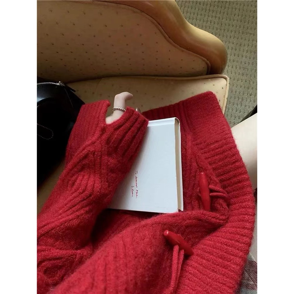 Áo cardigan Áo len giáng sinh tết đỏ màu Đỏ Mùa thu mới dệt kim mùa thu và mùa đông | BigBuy360 - bigbuy360.vn