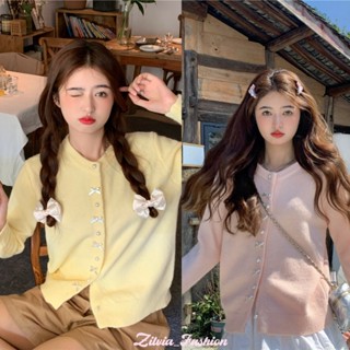 Áo Khoác Cardigan Dệt Kim Dáng Rộng Thời Trang Dành Cho Nữ Áo Len Ngắn Nơ Ngọc Trai Áo Khoác Phong Cách Hàn Quốc