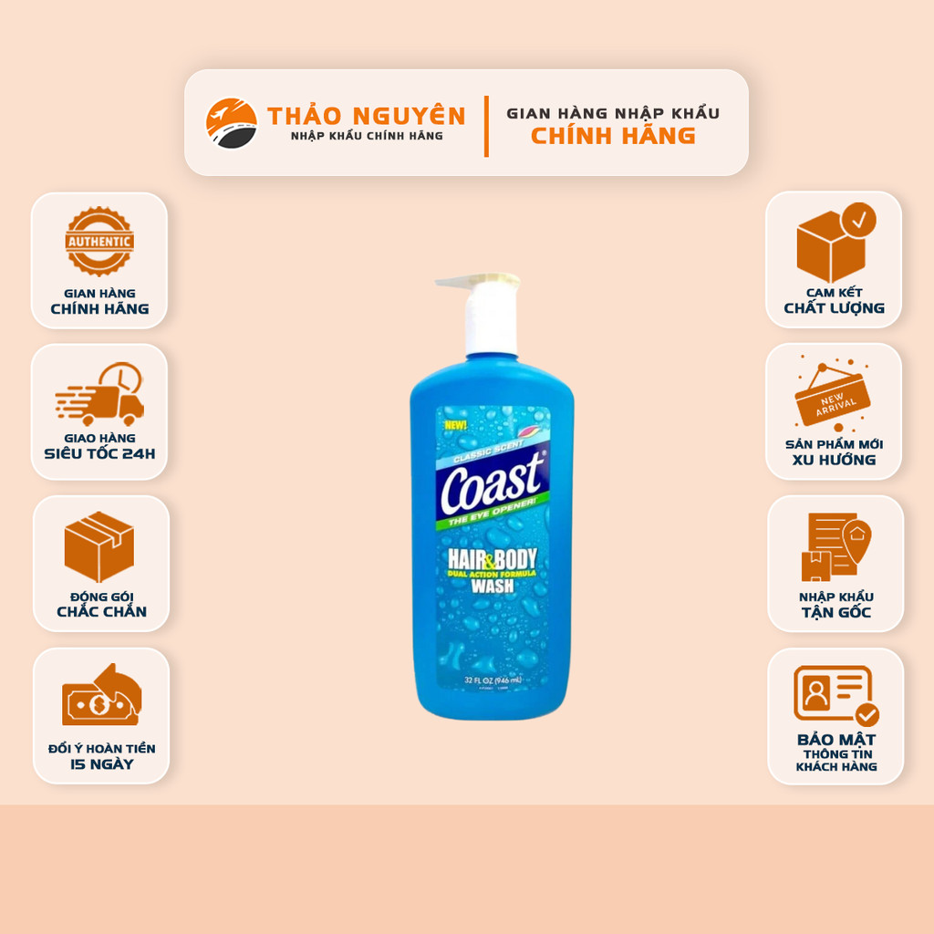 Sữa Tắm Coast 946ml có vòi, sữa tắm gội Coast 946ml dành cho nam