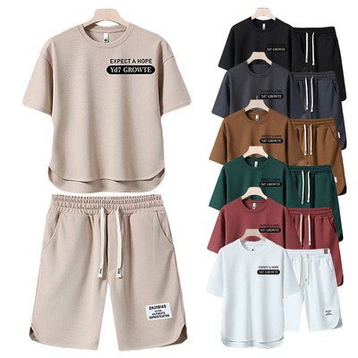 Bộ Áo Thun Nam Tay Ngắn Quần Short In Chữ Thường Ngày Nhanh Khô Rời Phong Cách Hàn Quốc Hợp Thời Trang Thanh Niên Bộ Hai Mảnh Kaki LY03