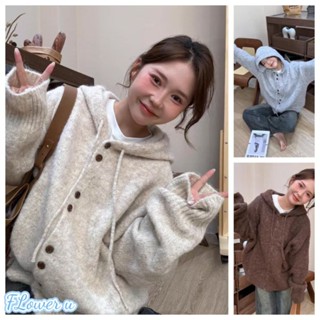 Floweryou Áo Len Có Mũ Trùm Đầu Màu Trơn Dáng Rộng Cho Nữ Áo Khoác Cardigan Dệt Kim Dày Thời Trang Mới