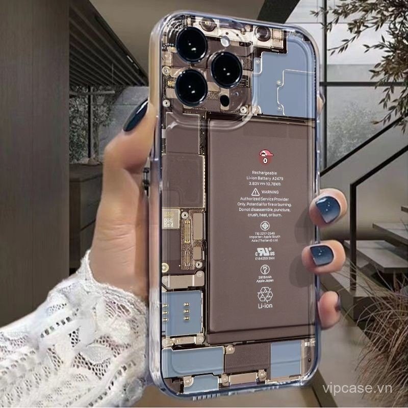 Ốp điện thoại trong suốt với họa tiết pin, tương thích với iPhone 11 Pro/XR/14 Plus/8 Plus/XS Max/12