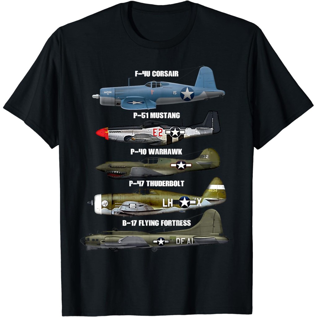 2025 bánh quế cho bạn bè WW2 Warplane B-17 P51 Mustang F4U Corsair P40 Warhawk Áo thun ngắn tay xs-3