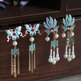 ✨2825 Người Bộ Sưu Tập Bảo Quản Màu Sắc Đồng Nguyên Bản Đốt Màu Xanh Giả Chấm Ngọc Lục Bảo Phượng Hoàng Bướm Kẹp Tóc Ngọc Trai Tua Rua Phong Cách Cổ Hanfu Phụ Kiện Tóc Phong Cách Trung Quốc Mũ Đội Đầu 25.4.10