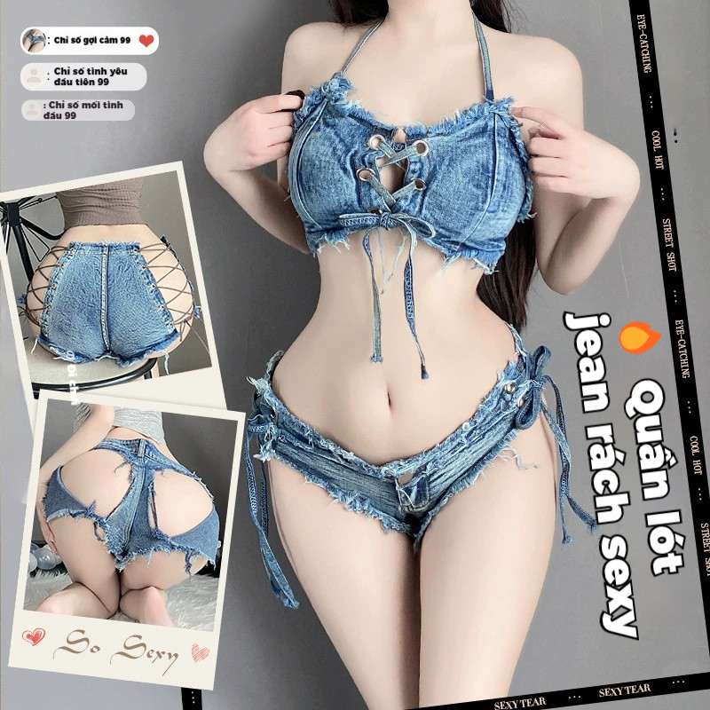 Quần short jean sexy lưng thấp rách gợi cảm mặc club -NightSilhouette