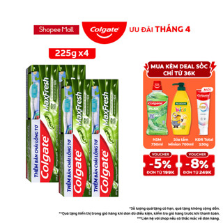 Bộ 4 Kem đánh răng Colgate Maxfresh Trà Xanh the mát 225g/tuýp tặng bàn chải