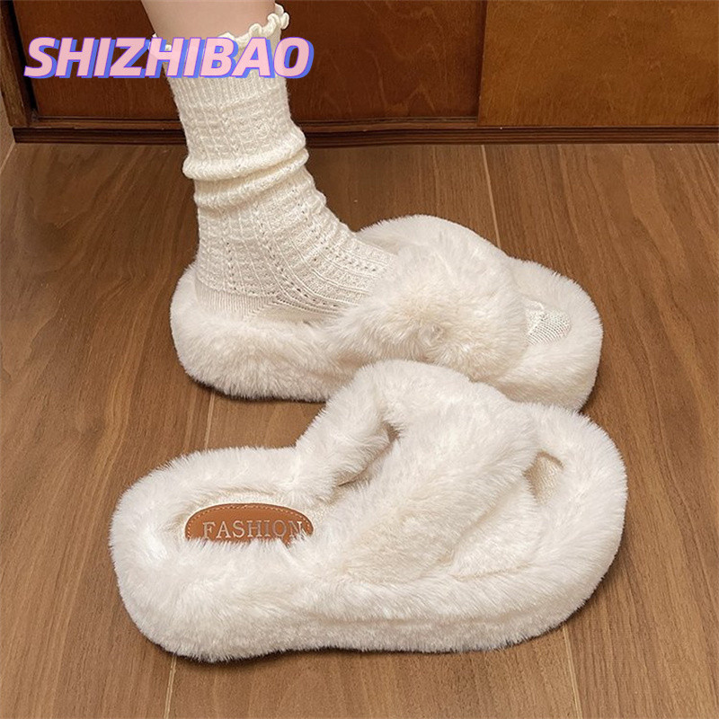 Dép cotton cảm giác Shit SHIZHIBAO dành cho nữ mùa thu đông mới trong nhà đế dày 7CM dép sang trọng cho mùa đông