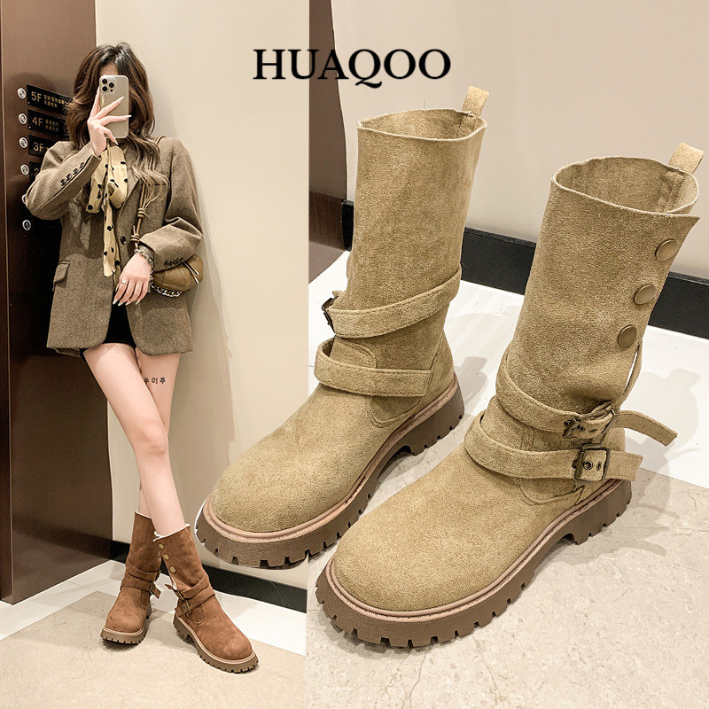 Huaqoo Giày Bốt dép sandal nữ Mũi Vuông Phong Cách Retro Cá Tính Cho Nữ Thời trang Tinh tế Độn đế Đệm êm Chống thấm nước FSX24B05BL 45Z241106