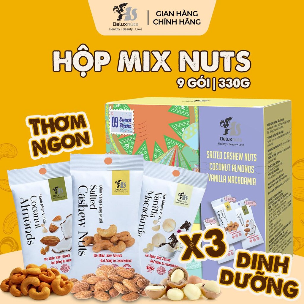 [Hỏa tốc] Hộp 9 Gói Deluxnuts | 3 Điều Vàng Rang Muối, 3 Hạnh Nhân Vị Dừa, 3 Macca Vị Vinilla (Tổng trọng lượng 330g)