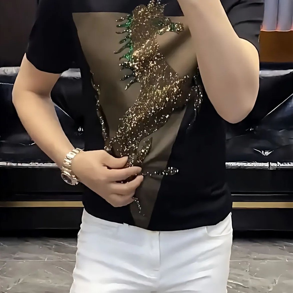 Station Street Wear Light Quần áo nam sang trọng 2023 Ice Silk Hot Diamond Áo thun ngắn tay Slim-Fit