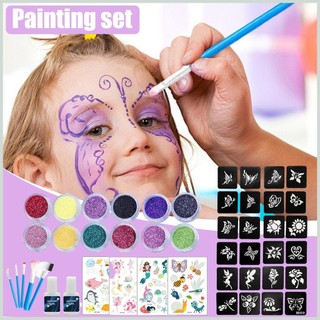 Bộ trang điểm Facepaint Glittering Face Body Painting Set 12 màu Bột long lanh và 4 miếng dán huỳnh quang với kiodvn
