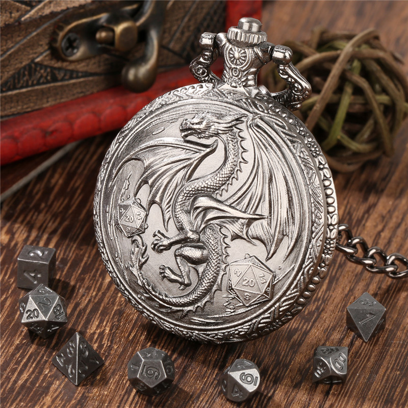 Creative Dragon Wings with D20 Dice Pocket Watch Case FOB Chain with 7 x Mini Size Metal Polyhedral 