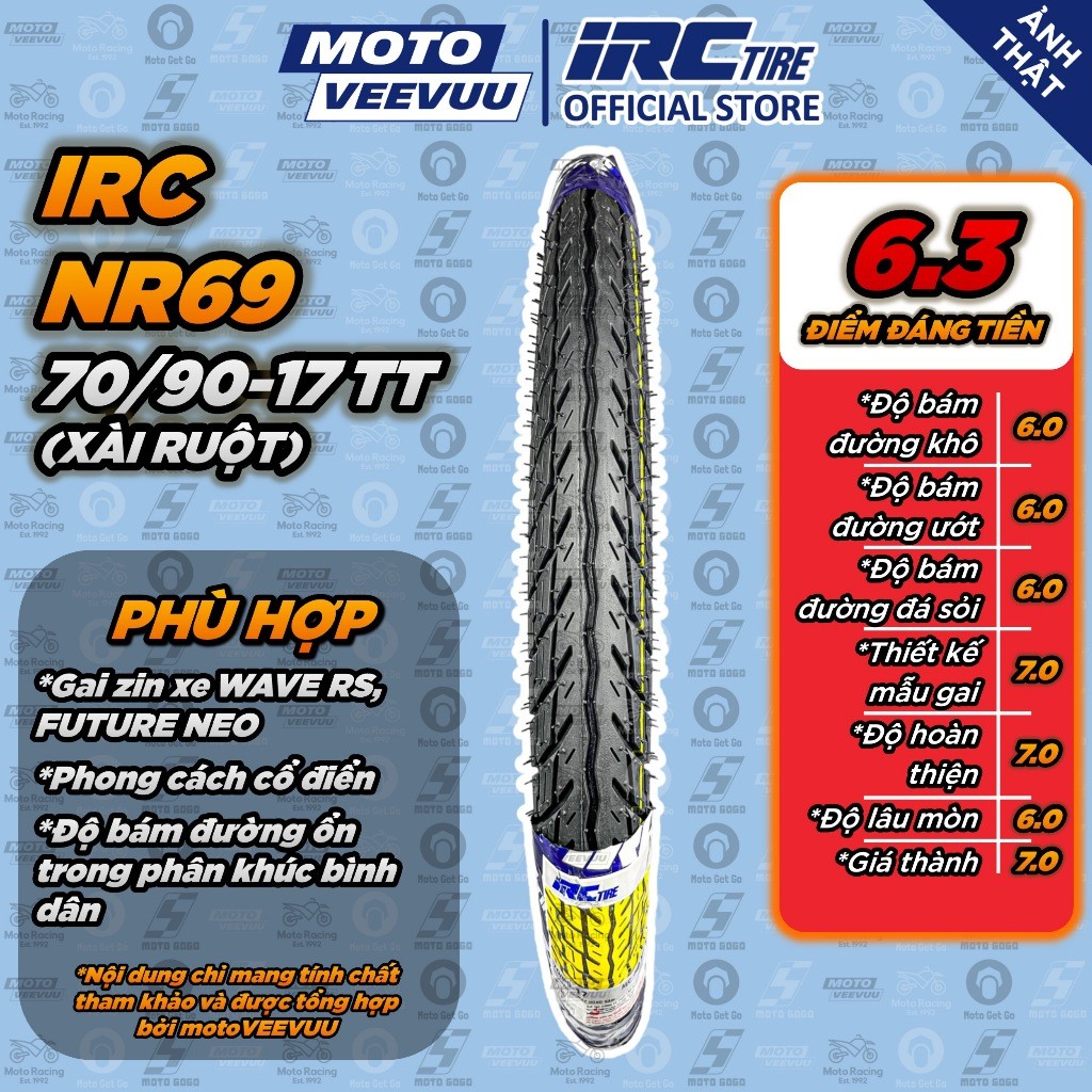 [MTVV] Vỏ lốp xe máy IRC INOUE 70/90-17 TT NR69 Trước Wave RS, FU Neo (Lốp xài ruột)<END>