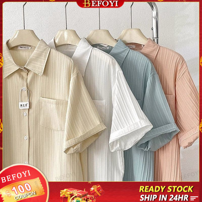 Áo Sơ Mi Nam Tay Ngắn Polyester Phong Cách Hàn Quốc Rời Cổ Điển Sọc Màu Trơn ZXR85