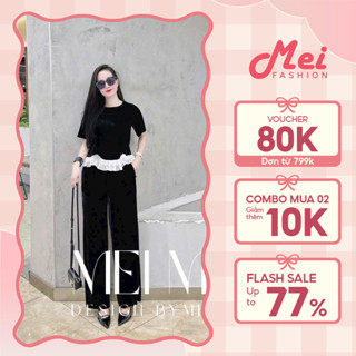 Set Đồ Nữ Áo Thun Tay Ngắn Màu Đen Phối Tầng Eo Trắng Mix Quần Dài Ống Rộng Sang Trọng Mei Fashion ST16113