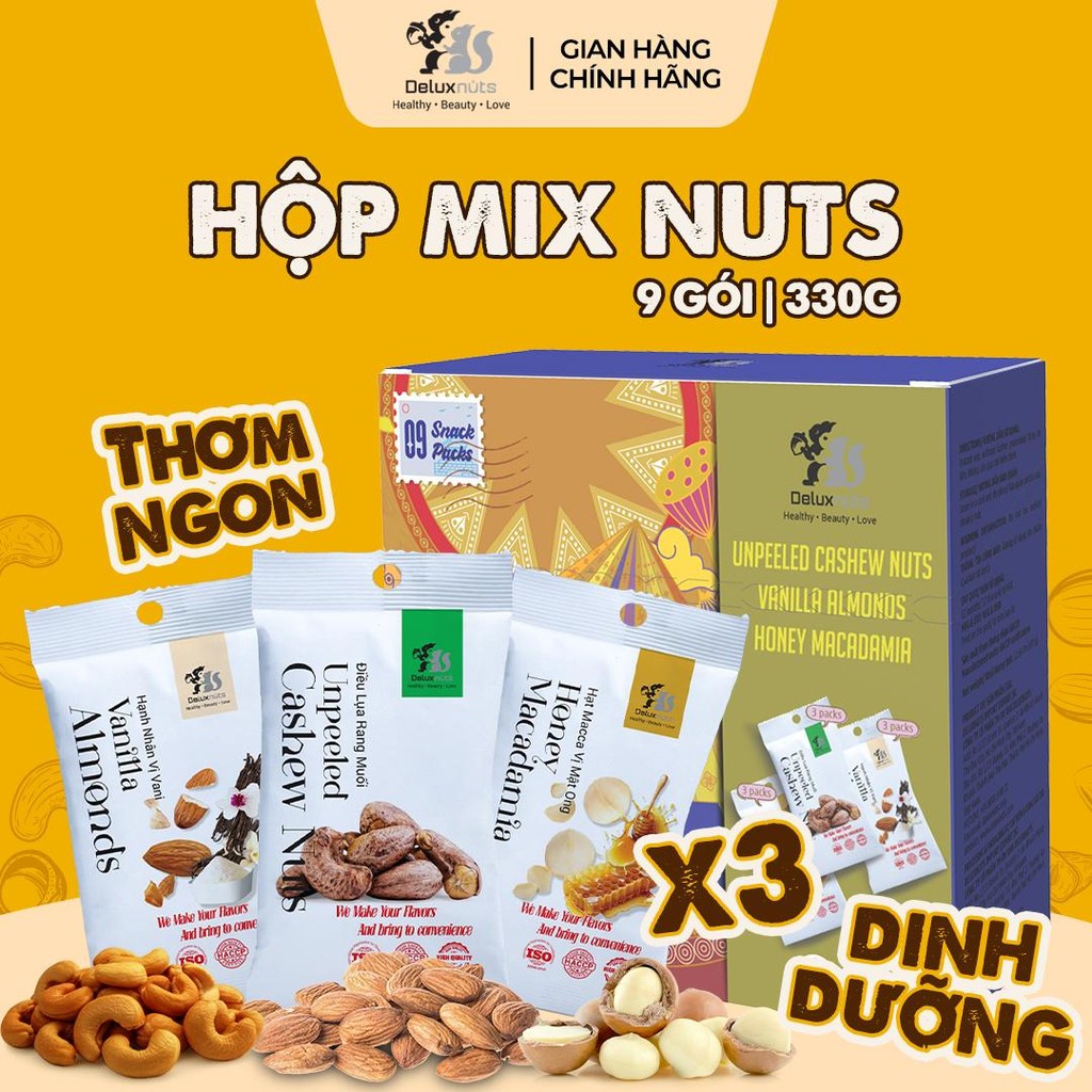 [Hỏa tốc] Hộp 9 Gói Deluxnuts | 03 Điều Lụa Rang Muối, 03 Hạnh Nhân Vanilla, 03 Macca Mật Ong (Tổng trọng lượng 330g)