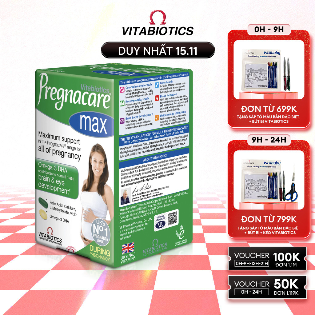 Viên Uống Cho Phụ Nữ Mang Thai & Cho Con Bú Vitabiotics PREGNACARE Max Bổ Sung Canxi, Acid Folic Và Omega – 3, 84 Viên