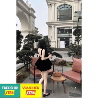 Set bộ đồ nữ hai dây nhung cổ V đính hoa ngực phối quần dáng bí, set đồ nữ 2 dây hở lưng dáng ngắn quyến rũ