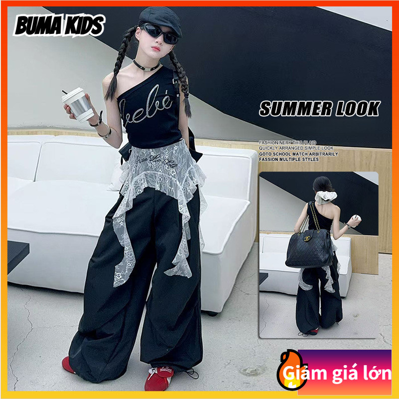 BUMA KIDS🔥Cô Gái 'thời trang Một Vai vest, ngọt ngào ren spliced giản dị quần