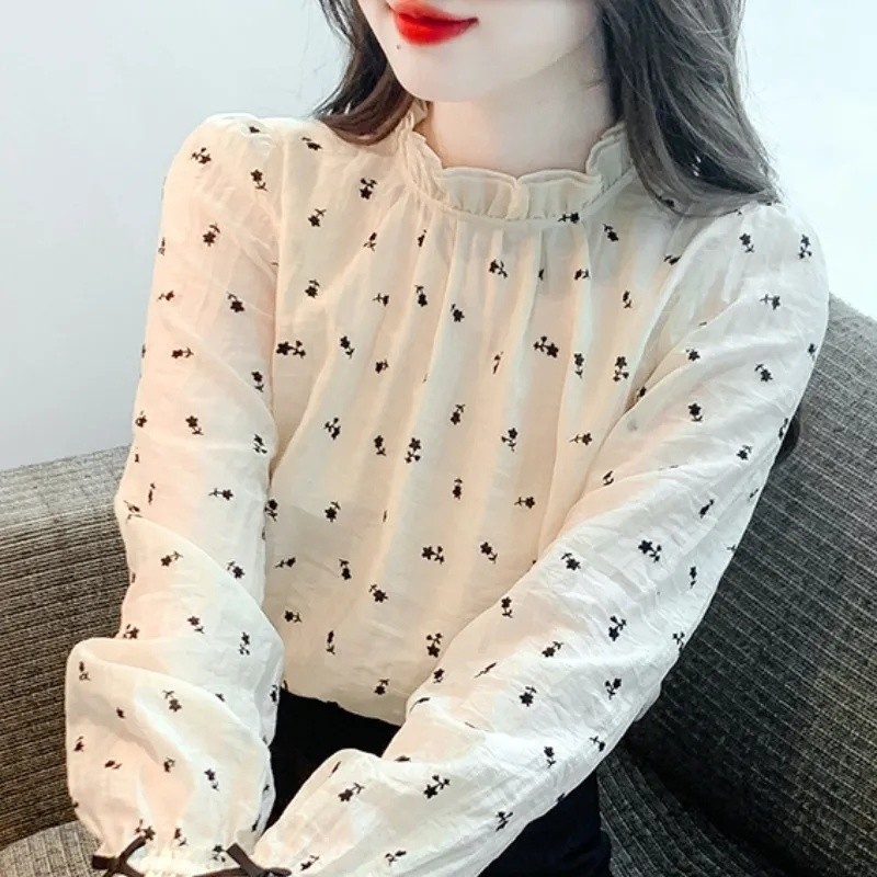 Mùa Thu Phong Cách Mới Nửa Cổ Cao Phong Cách Pháp Phong Cách Phương Tây Mỏng Hơn Nhìn Hoa Đáy Áo Sơ Mi Nữ Áo Sơ Mi Tất Cả @ -