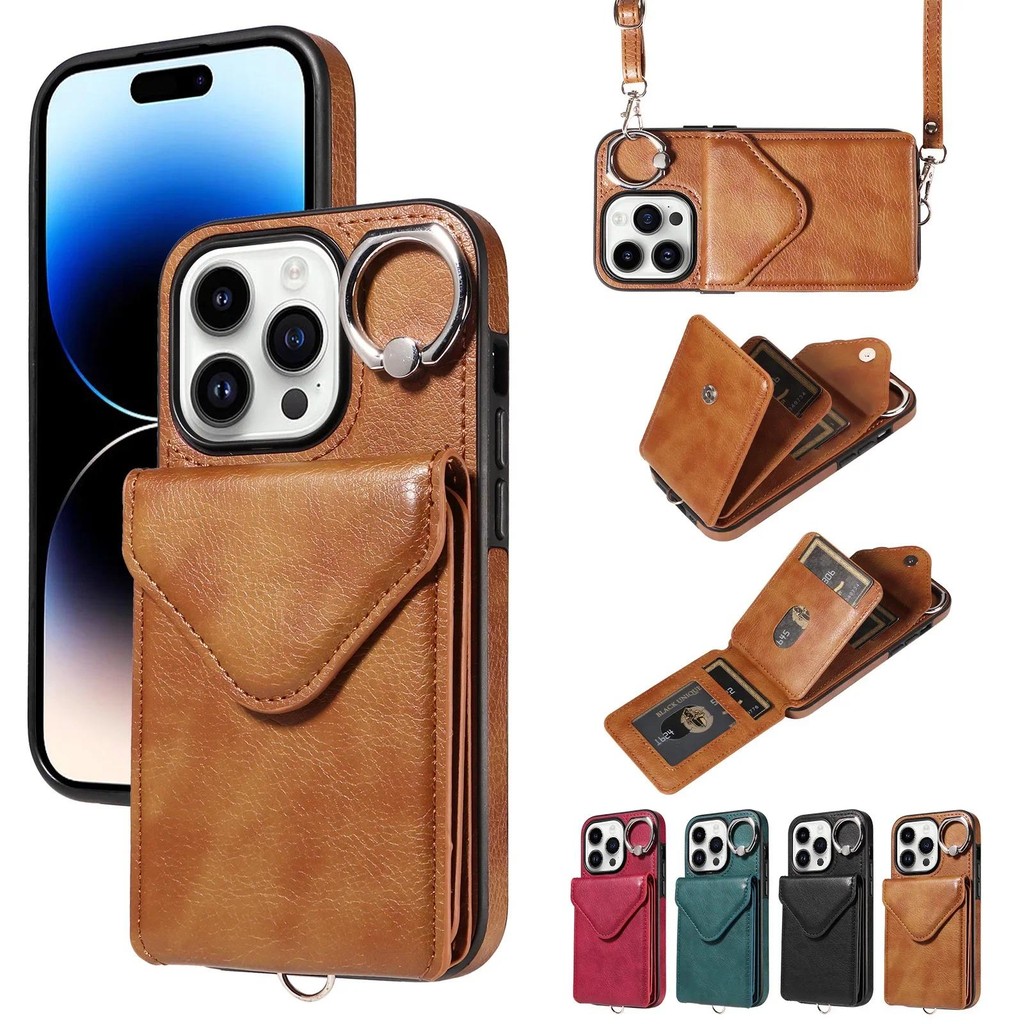 Dành Cho IPhone 16 Pro Max Đeo Ngang Đa Thẻ Giá Đỡ Vòng Khóa Da Dành Cho iPhone 16 Plus 15 Pro 14 13