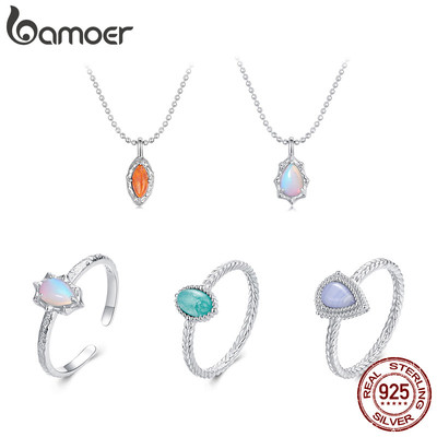 Bamoer 925 Sterling Sliver Nhẫn Aurora Opal Tianhe Đá Thiết Kế Quà Tặng Trang Sức Cho Nữ