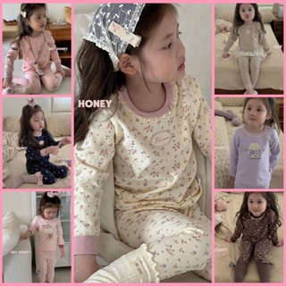 SASHIMIIBABY Bộ ngủ, măc nhà cotton dài tay cho bé Hey Honey bộ dài tay hàng dày dặn phong cách Hàn Quốc dễ thương
