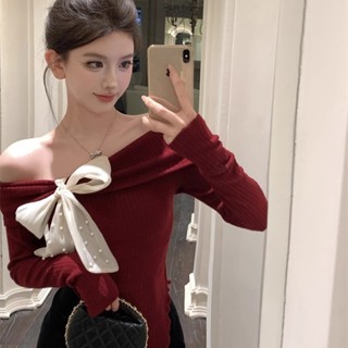 MTMM Giáng sinh áo len trễ vai tay dài sweater Hàn Quốc thời trang hàn quốc Phong cách mới mùa thu đông