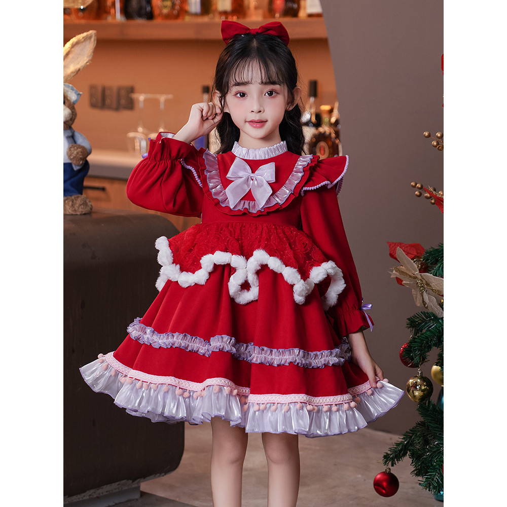 Bé Gái lolita lolita Đầm Công Chúa Xuân Thu Đỏ Váy Giáng Sinh Trẻ Em Đầm Thu Đông Bé