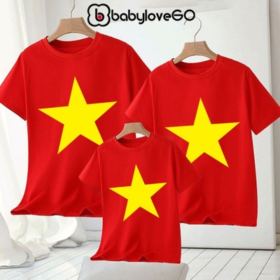 Áo thun cờ đỏ sao vàng Việt Nam, áo phông gia đình chất thun cotton mềm mịn BabyloveGO