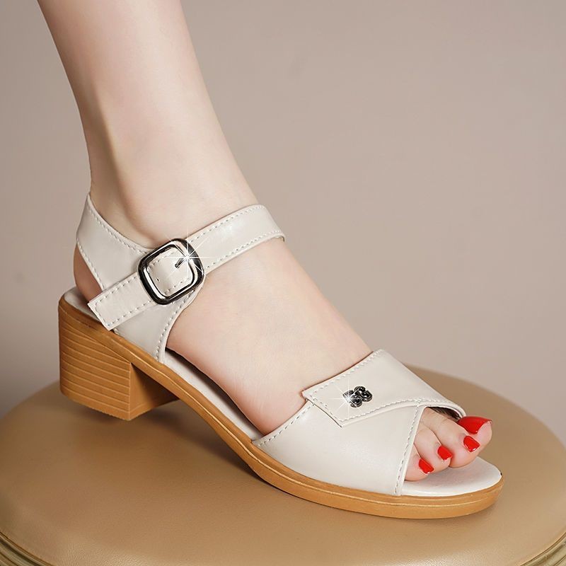 Chính Hãng Da Mẹ Sandal Nữ / Mùa Hè Dày Gót Đế Bằng Giày Sandal Nữ Làm Việc Thường Ngày Giữa Gót Già