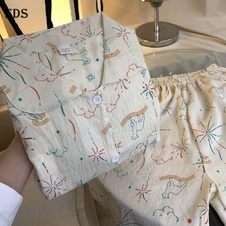  Pyjama cotton FDS Cloud cho phụ nữ quần short tay ngắn áo cardigan cổ bẻ phù hợp cho sinh viên mặc ngoài trời bộ đồ mặc ở nhà KT 