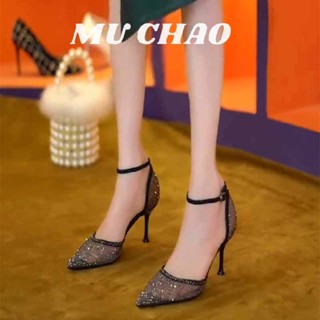 Muchao Phong cách mới mũi nhọn khóa Xăng đan có kim cương giả rỗng giày cao gót lưới thoáng khí giày đơn mũi đóng dép cho nữ