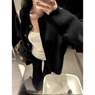 Áo Khoác Cardigan dệt kim dài tay khí chất màu đen rộng rãi thời trang phong cách Hàn Quốc mùa thu đông nữ