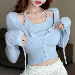 Áo thun Lovito giả 2 mảnh trong 1 cột dây màu trơn thường ngày cho nữ LNA25020 (màu xanh dương)