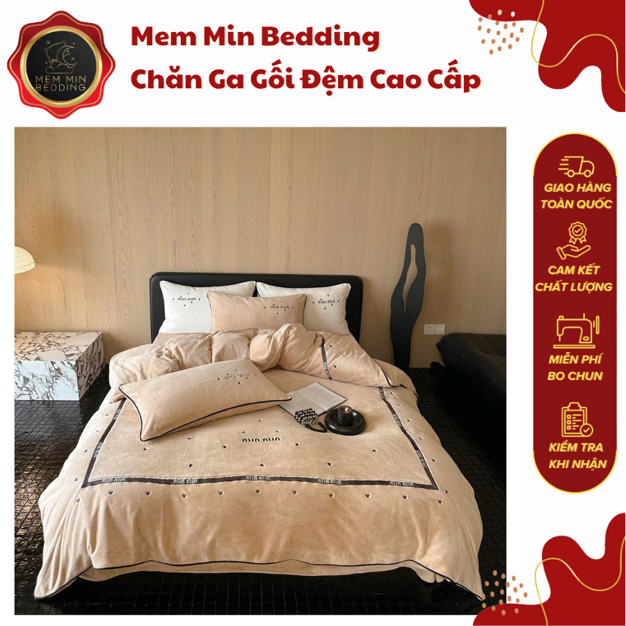 (L41053)Bộ Chăn Ga Gối Chất Liệu Nỉ Nhung Cao Cấp Mềm Mại Hình Thêu Đơn Giản Sang Trọng - MemMinbedd