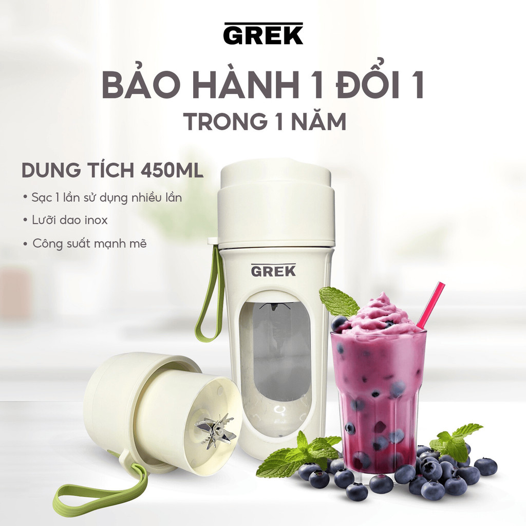 Máy sinh tố cầm tay 40W, tặng kèm nắp - 12 lưỡi dao GREK VN, dùng pin, xoay đá