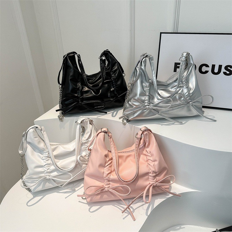 Túi nơ Hàn Quốc, túi đeo vai có dây rút xếp ly, ba lô da mềm, sức chứa lớn, di động và đa năng