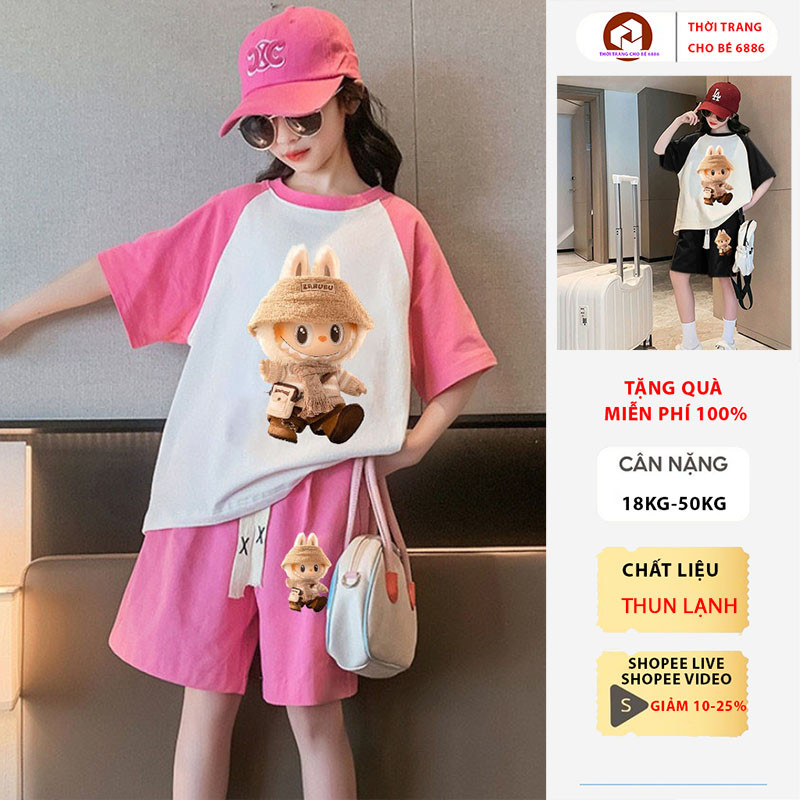 Đồ bộ cho bé gái mùa hè, quần áo mùa hè cho bé gái mẫu Labubu size 18-50kg, vải thun lạnh thoáng mát, bộ cộc tay bé gái