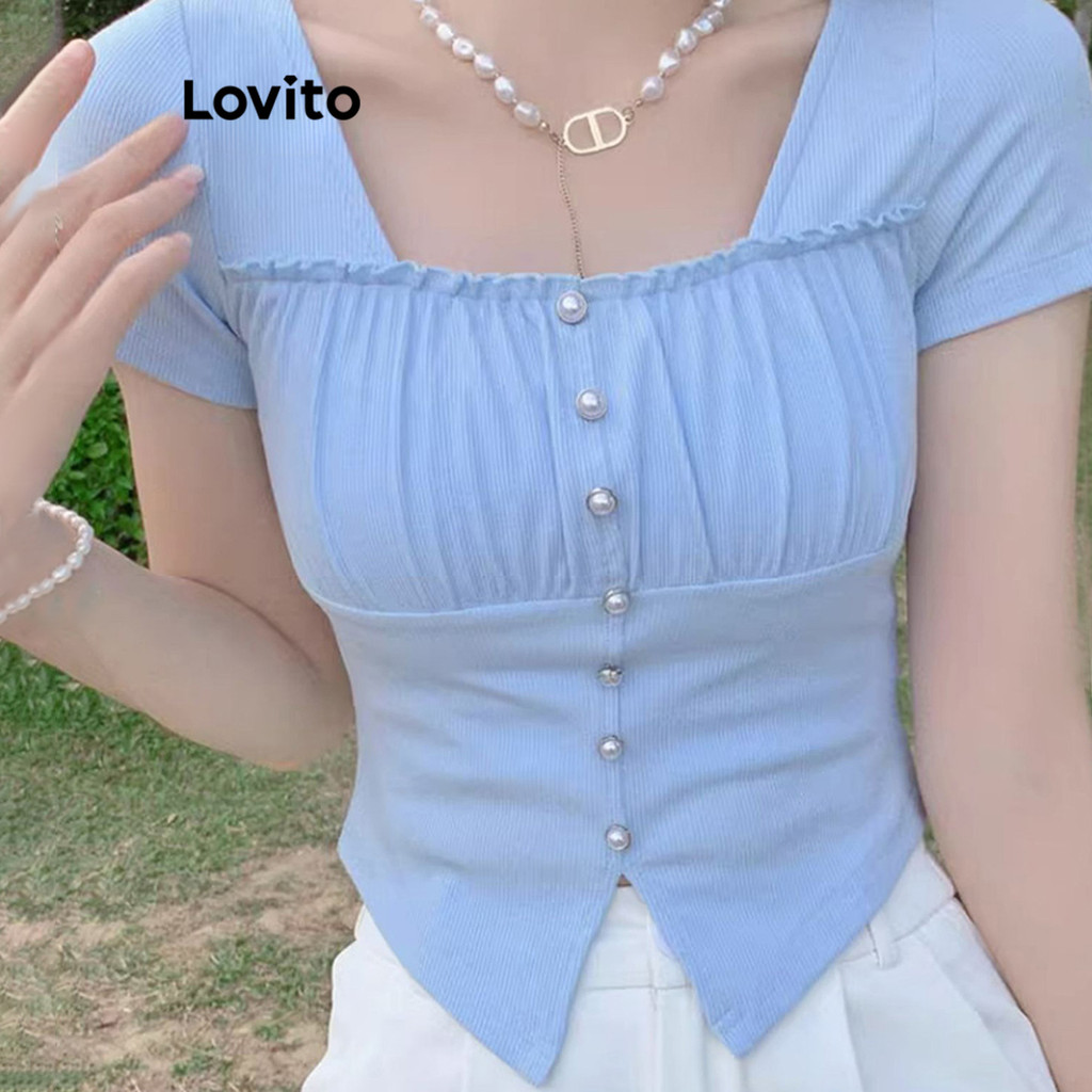 Áo thun Lovito xếp nếp bất đối xứng đính ngọc trai màu trơn thanh lịch cho nữ LNE19105 (Màu xanh dương nhạt)