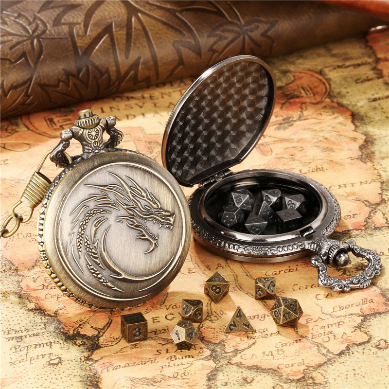 Vintage Engraved Draogn Design Pocket Watch Case with Pendant Chain 7pcs Mini DND Metal Dice for Rol