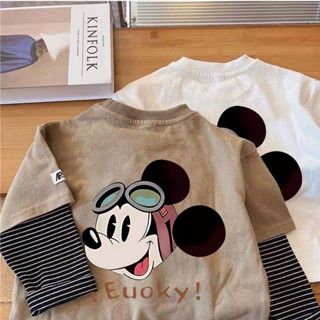 Tiingxuyu Mickey Dài Tay Nguyên Chất Cotton Phong Cách Mới Áo Thun Xuân Thu Trẻ Em Hai Mảnh Trẻ Em Bé Trai Bé Gái Áo Mùa Thu Đế