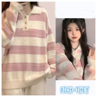 RICH-THEY Áo Len Dệt Kim Dáng Rộng Sọc Hồng Có Cổ Polo Dành Cho Nữ Mùa Thu Đông