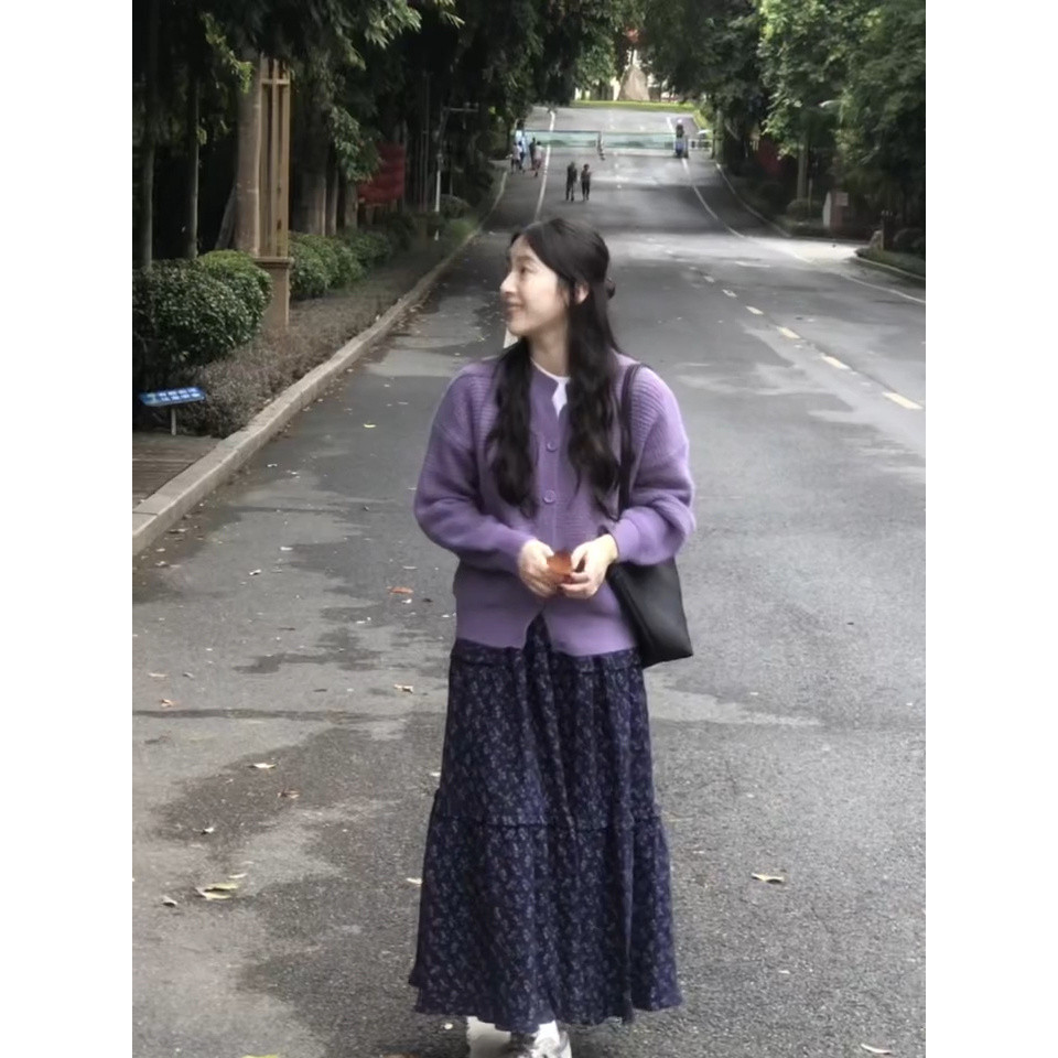 【Bess's house】áo khoác len cardigan+váy hoa nhí, bộ áo dệt kim tím nhẹ nhàng, váy hoa cao cấp, đầu thu 2024 | BigBuy360 - bigbuy360.vn