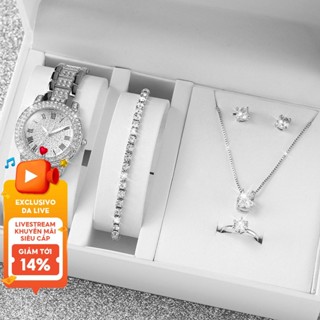 6 Cái / bộ Đồng Hồ Kim Cương Thời Trang Nữ Đồng Hồ Thạch Anh Dây Thép Bạc + Bộ Trang Sức Kim Cương (Không Có Hộp)